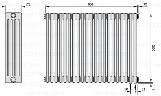 Схема (чертеж) Радиатор Zehnder Charleston 5280/21 №5510 Белый глянцевый RAL 9016